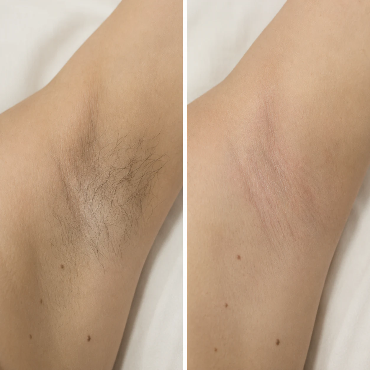 Underarm before and after OPT hair removal treatment showing visible hair reduction