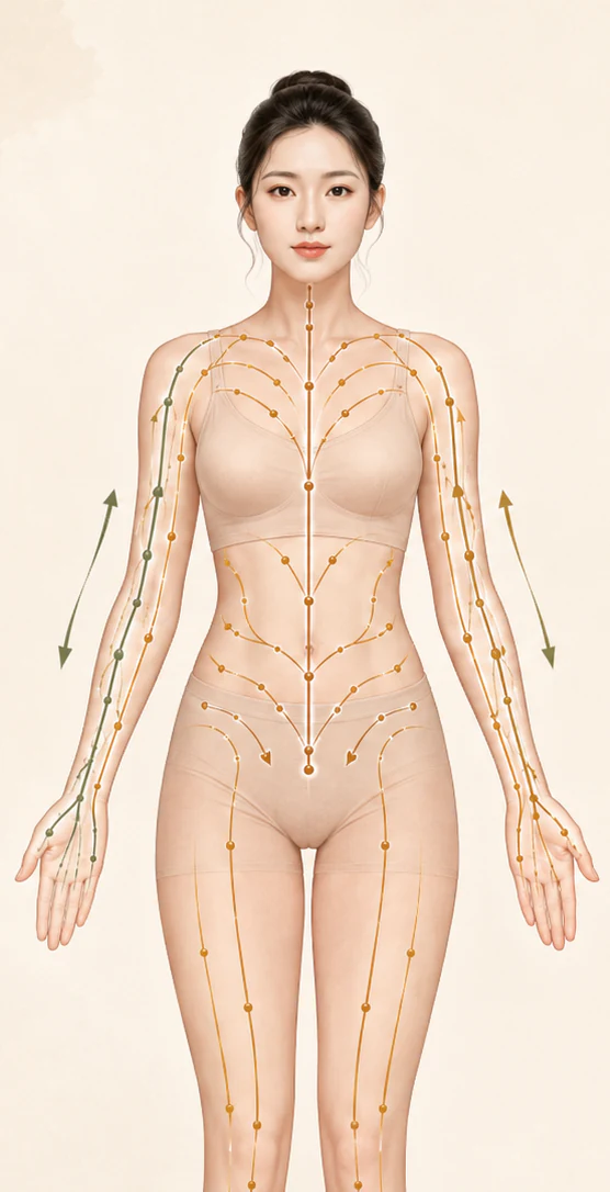 Meridian and lymphatic pathways diagram overlaid on the body